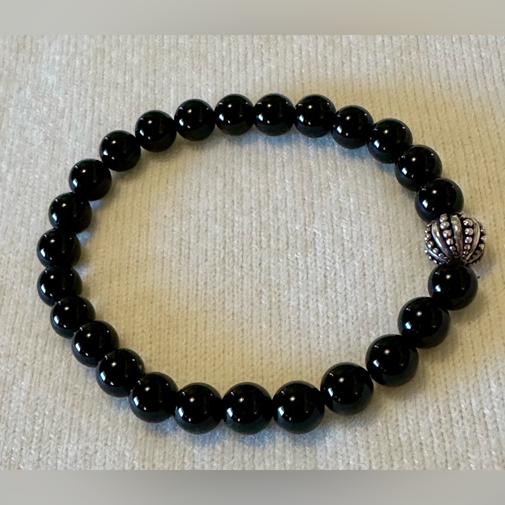 Black Beaded Stretch Bracelet with Silver Accent | Elegant Women’s Jewelry - Picture 5 of 5